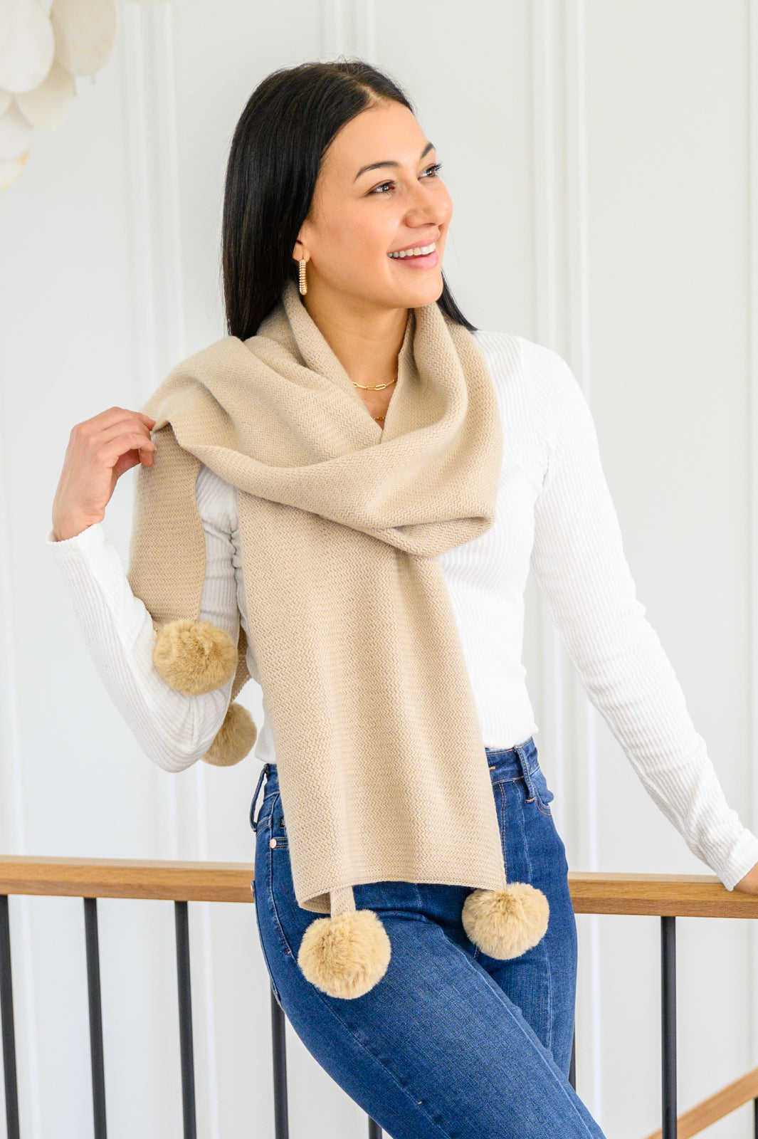 Knitted Fuzzy Pom Pom Scarf In Beige Accessories