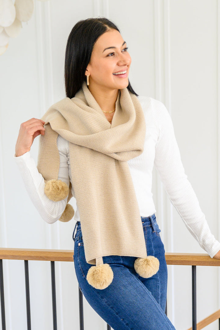 Knitted Fuzzy Pom Pom Scarf In Beige Accessories