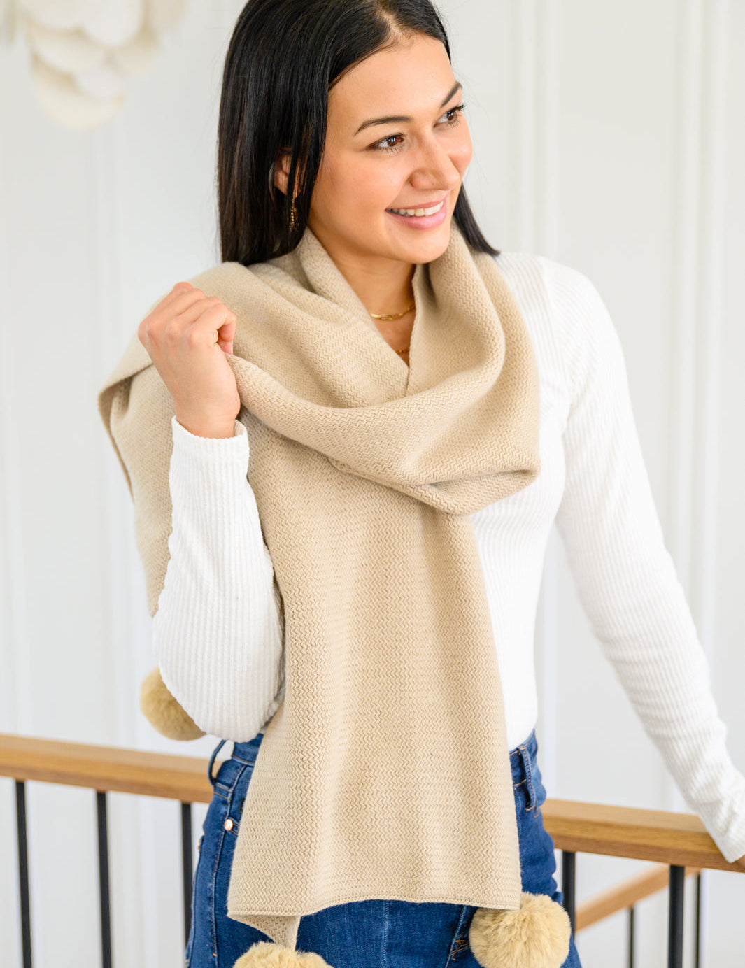 Knitted Fuzzy Pom Pom Scarf In Beige Accessories