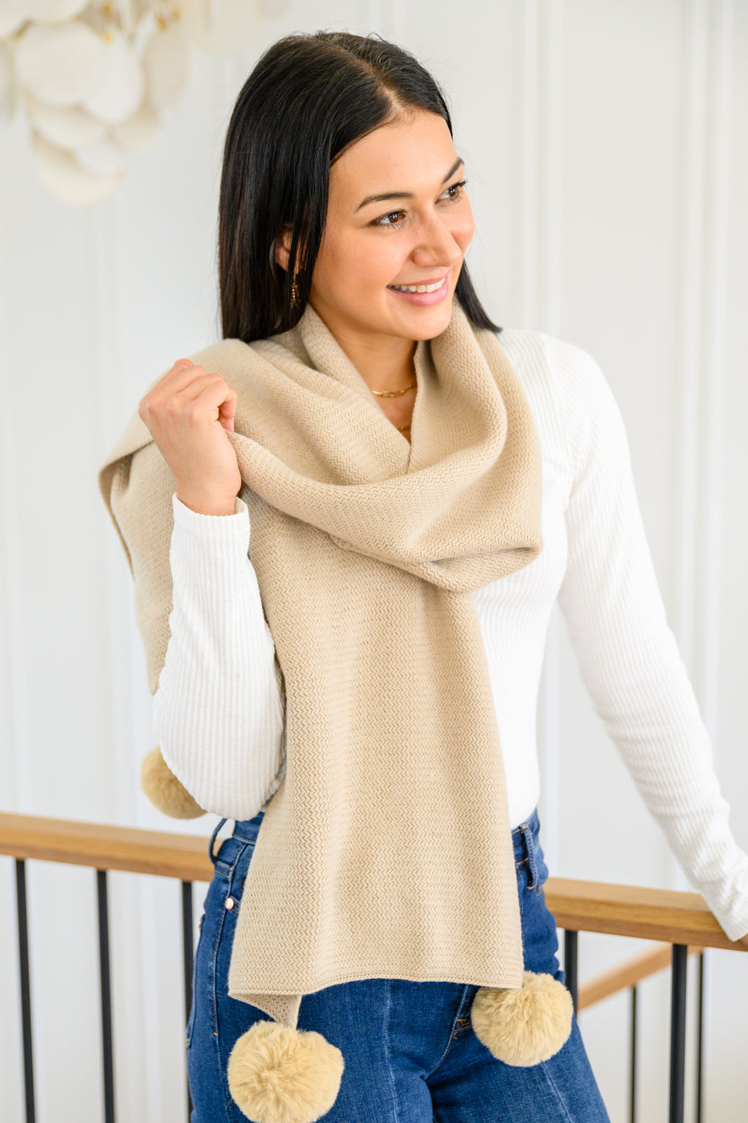 Knitted Fuzzy Pom Pom Scarf In Beige Accessories