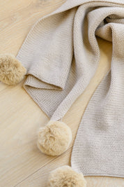 Knitted Fuzzy Pom Pom Scarf In Beige Accessories