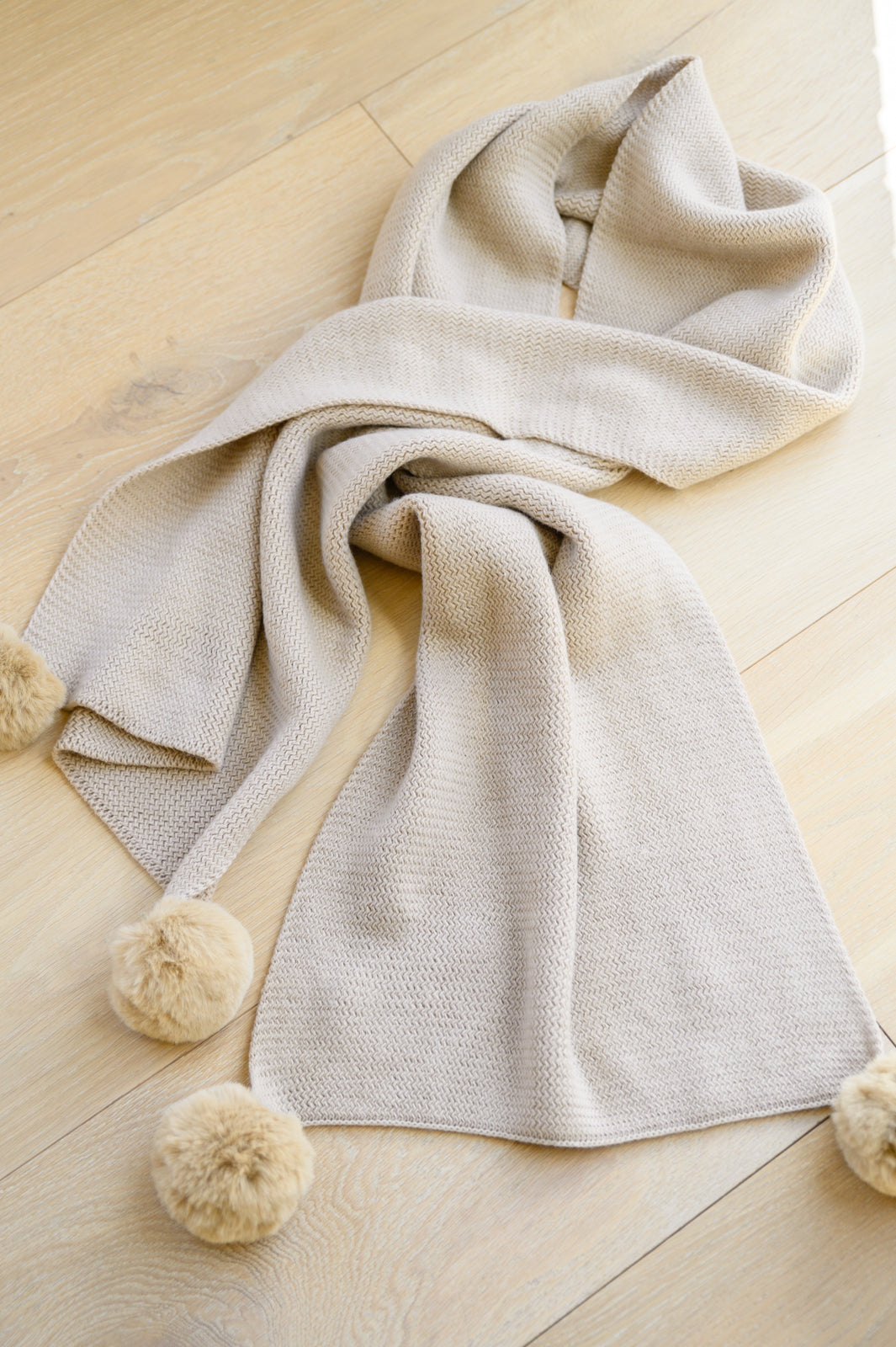 Knitted Fuzzy Pom Pom Scarf In Beige Accessories