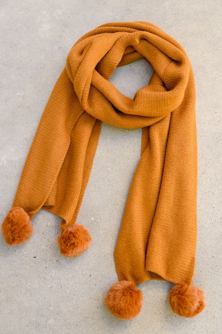 Knitted Fuzzy Pom Pom Scarf In Ginger Accessories