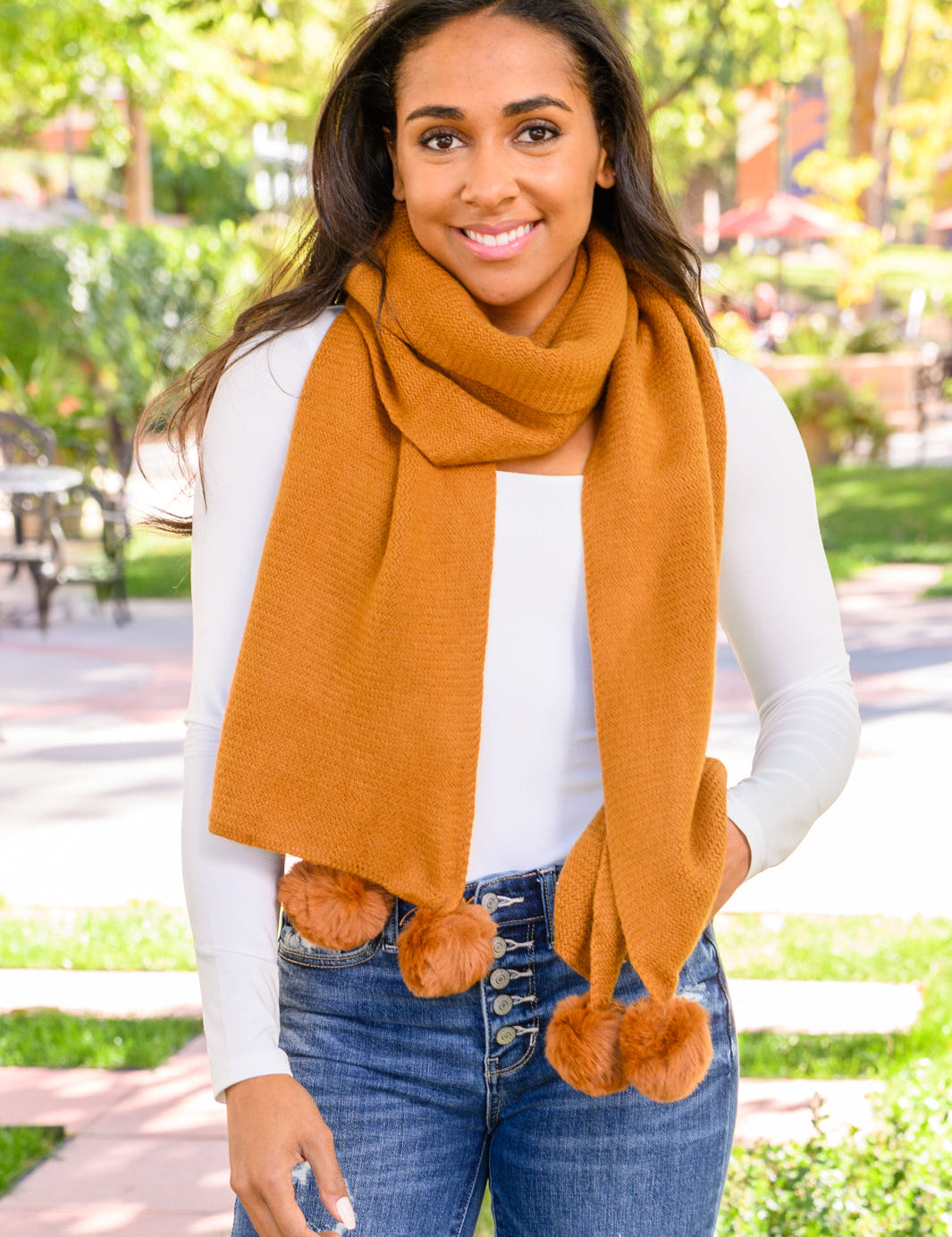 Knitted Fuzzy Pom Pom Scarf In Ginger Accessories