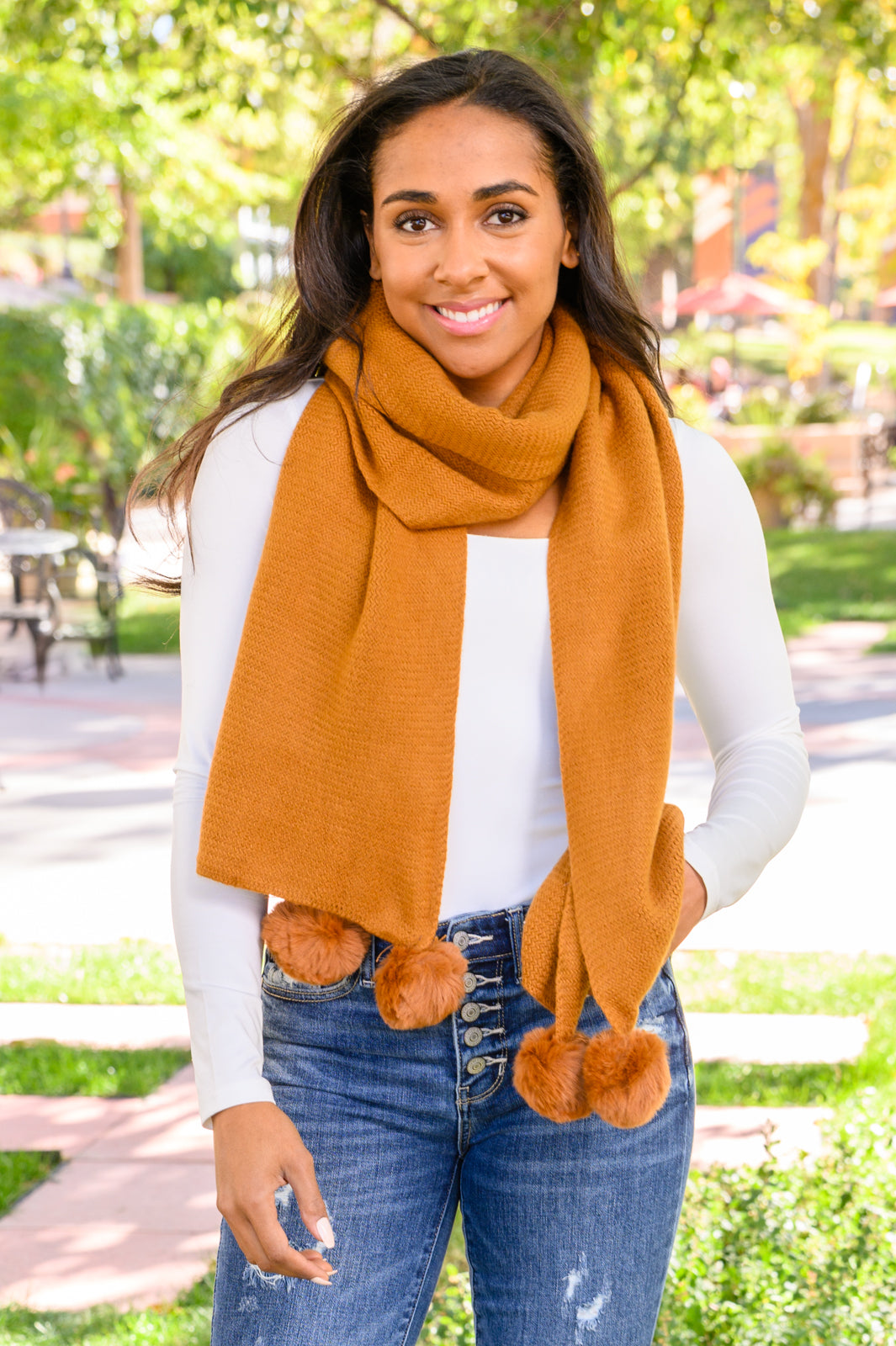 Knitted Fuzzy Pom Pom Scarf In Ginger Accessories