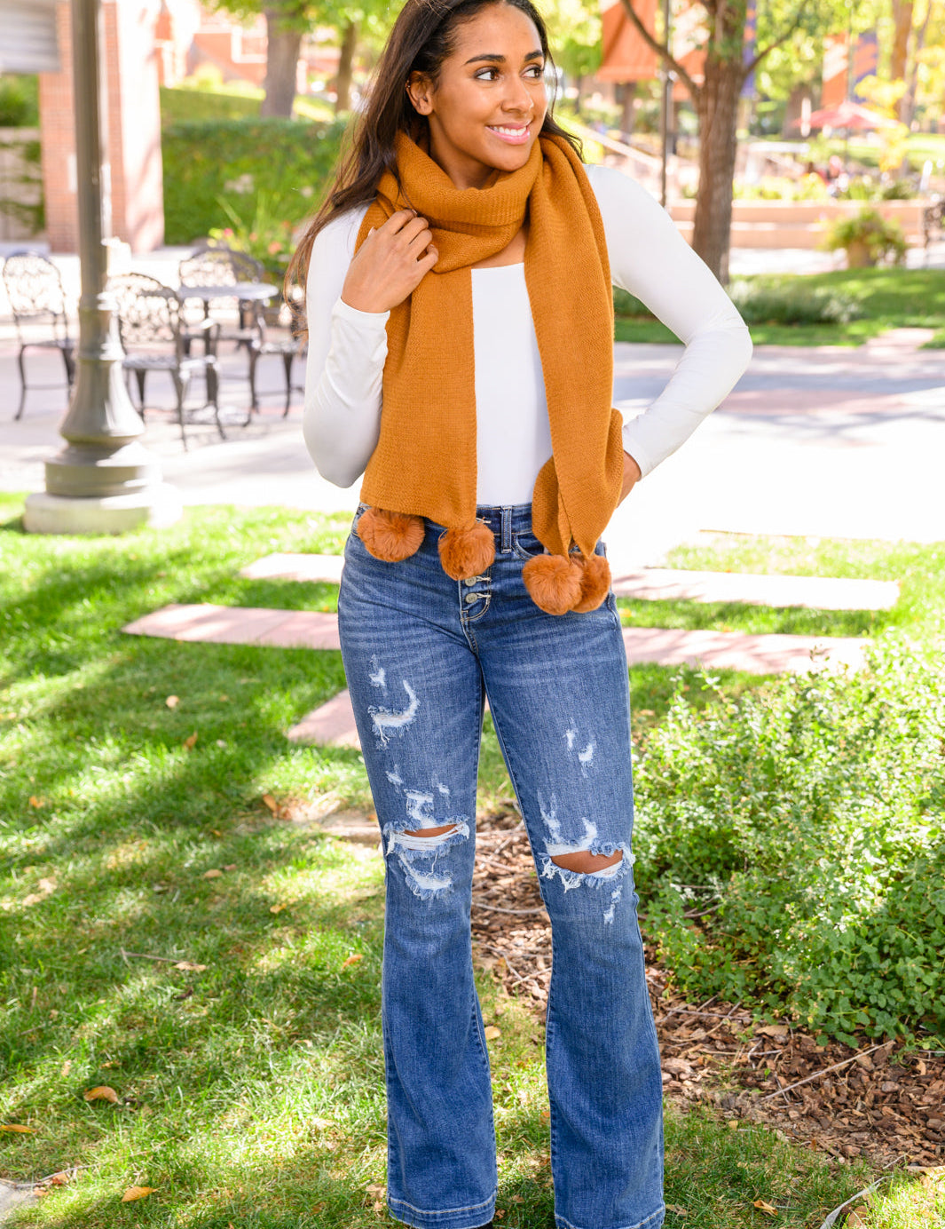 Knitted Fuzzy Pom Pom Scarf In Ginger Accessories