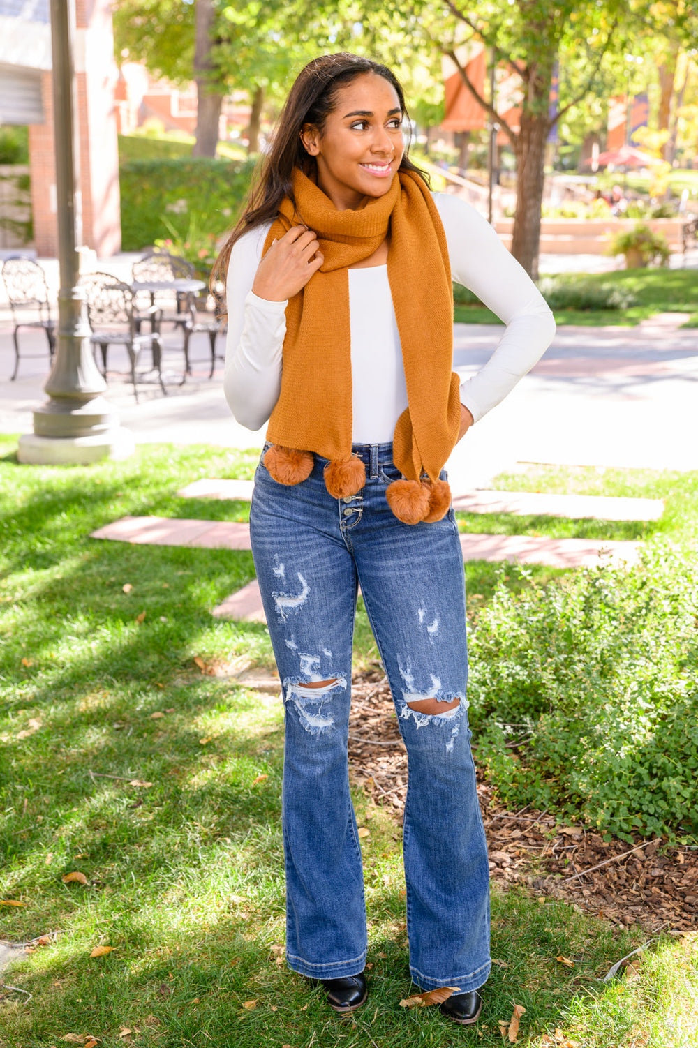 Knitted Fuzzy Pom Pom Scarf In Ginger Accessories