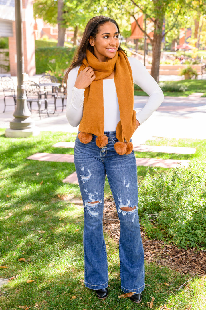 Knitted Fuzzy Pom Pom Scarf In Ginger Accessories