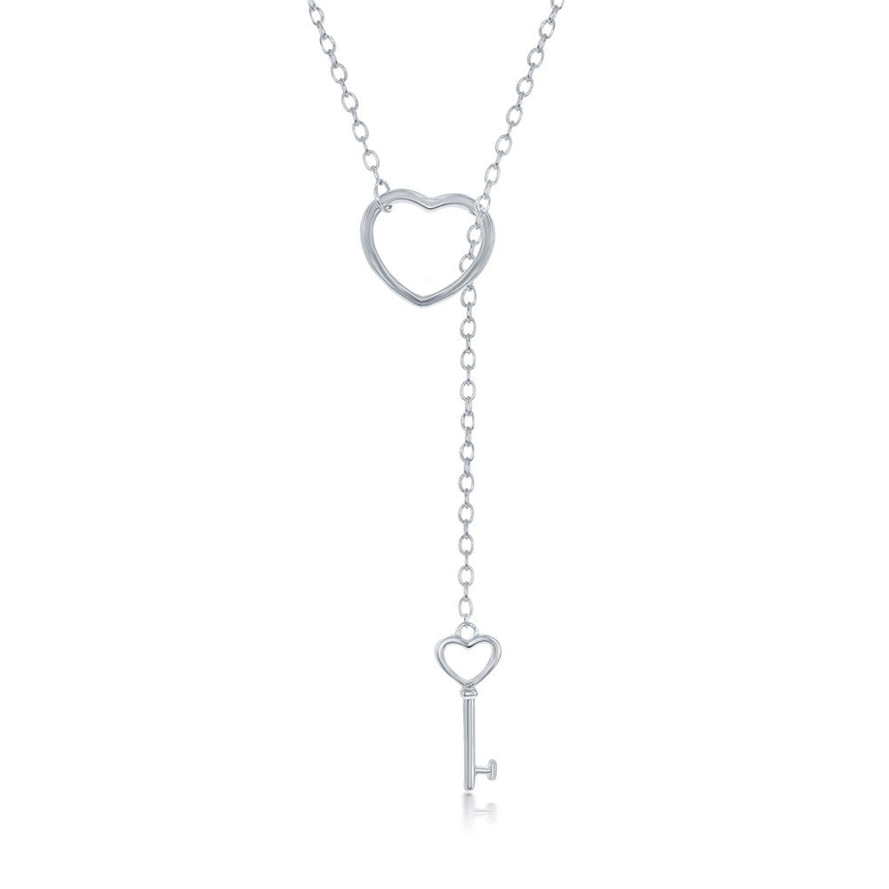 Sterling Silver Open Heart with Hanging Key Adjustable Lariat Bolo Necklace Necklaces