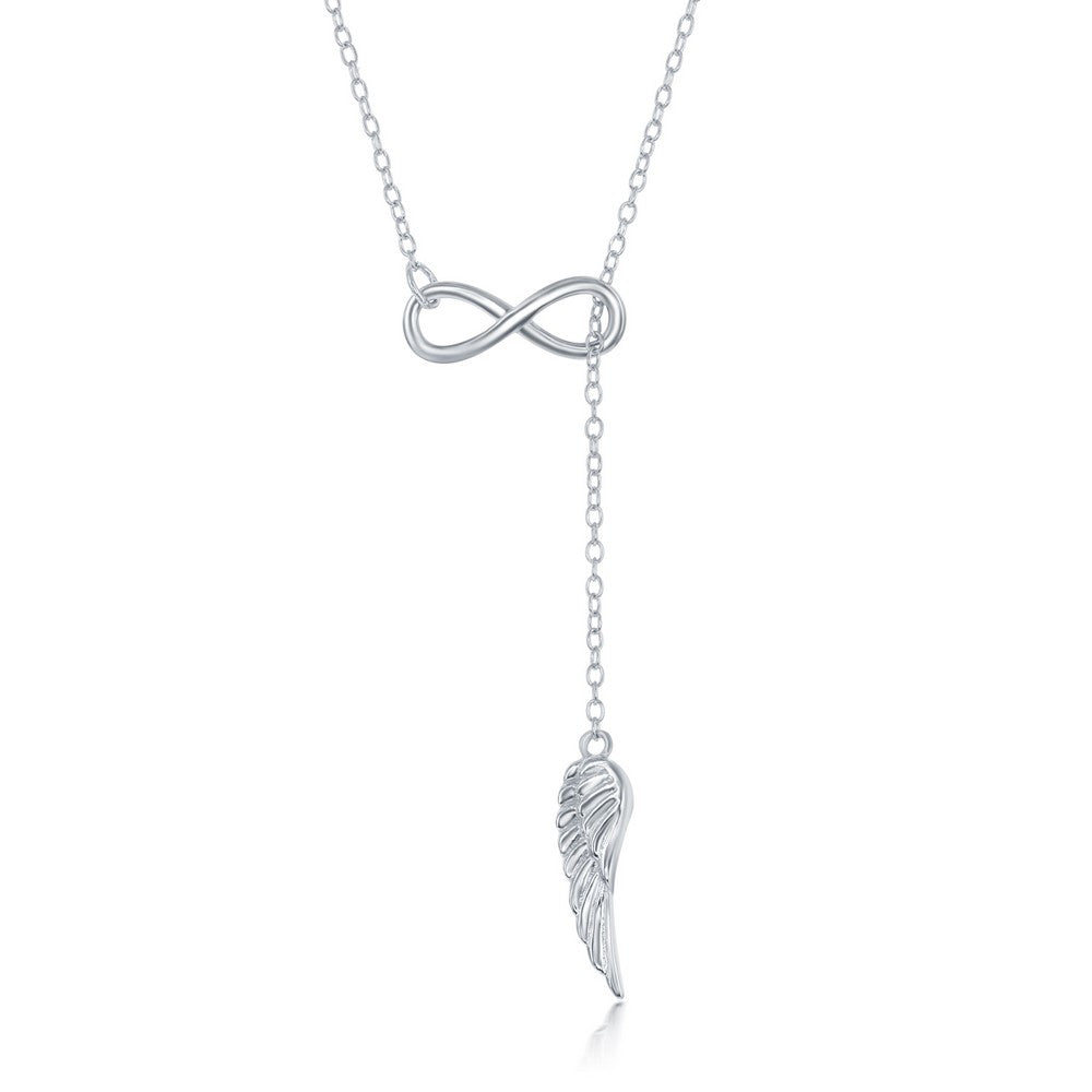 Sterling Silver Infinity with Hanging Angel Wing Adjustable Lariat Bolo Necklace Necklaces