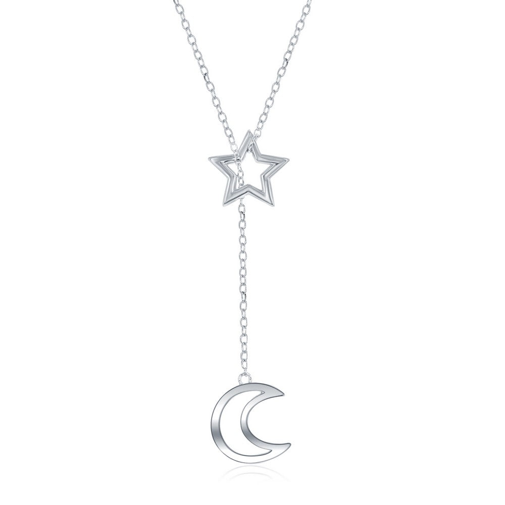 Sterling Silver Star with Hanging Crecent Moon Adjustable Lariat Necklace Necklaces