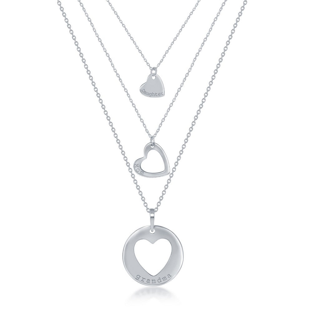 Sterling Silver 3PC Generation-Hearts Necklace Set - 18+2" 'Grandma' 16+2" 'Mom', 14+2" 'Daughter' Necklaces