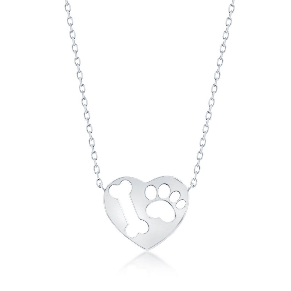 Sterling Silver Paw Print & Bone Cut-out Heart Necklace Necklaces