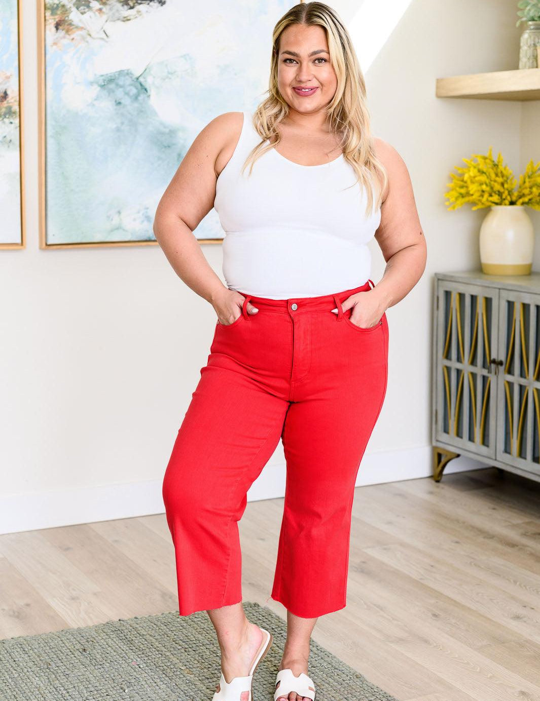 Red High Rise Control Top Wide Leg Crop Jeans Jeans