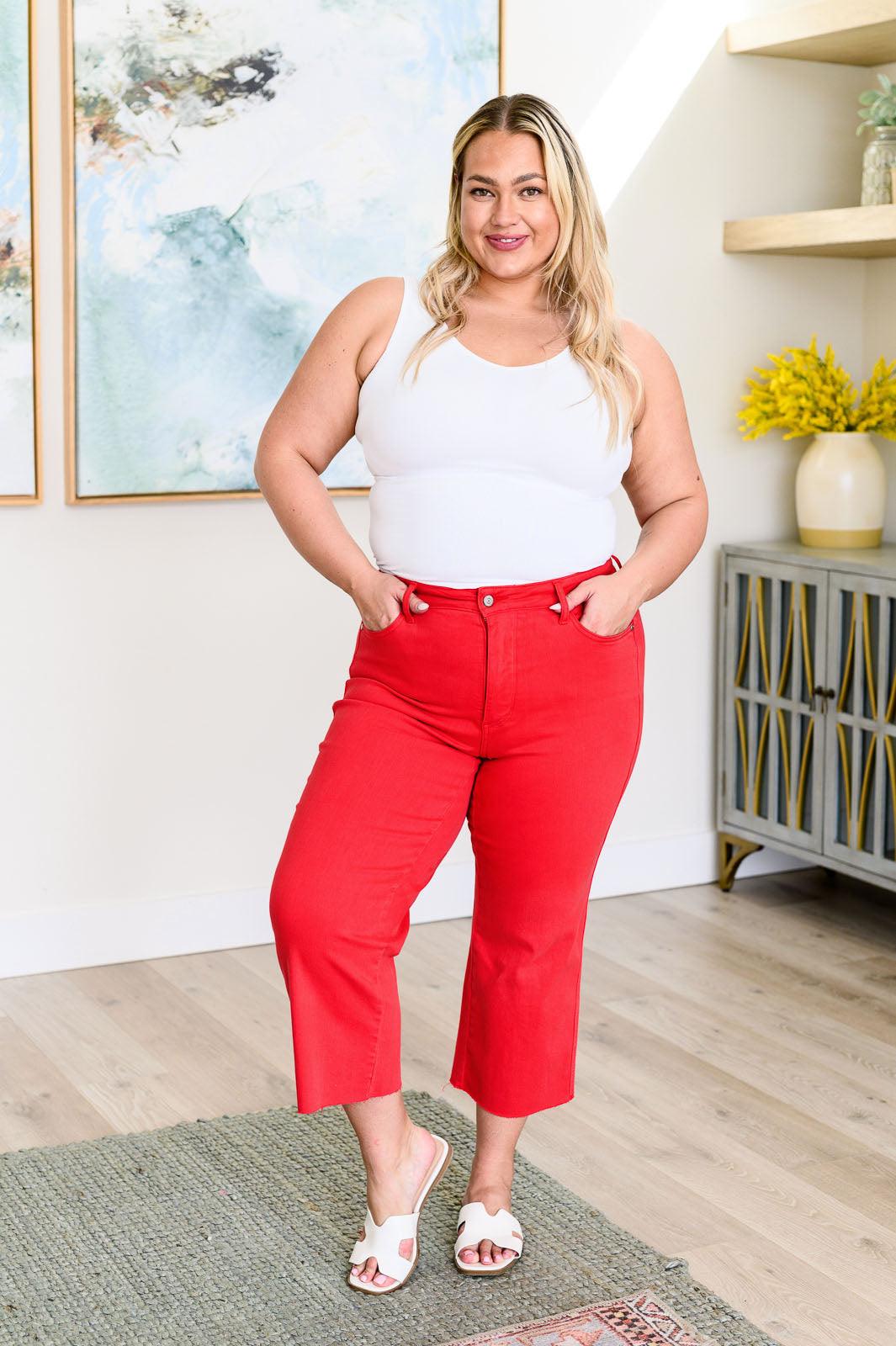 Red High Rise Control Top Wide Leg Crop Jeans Jeans