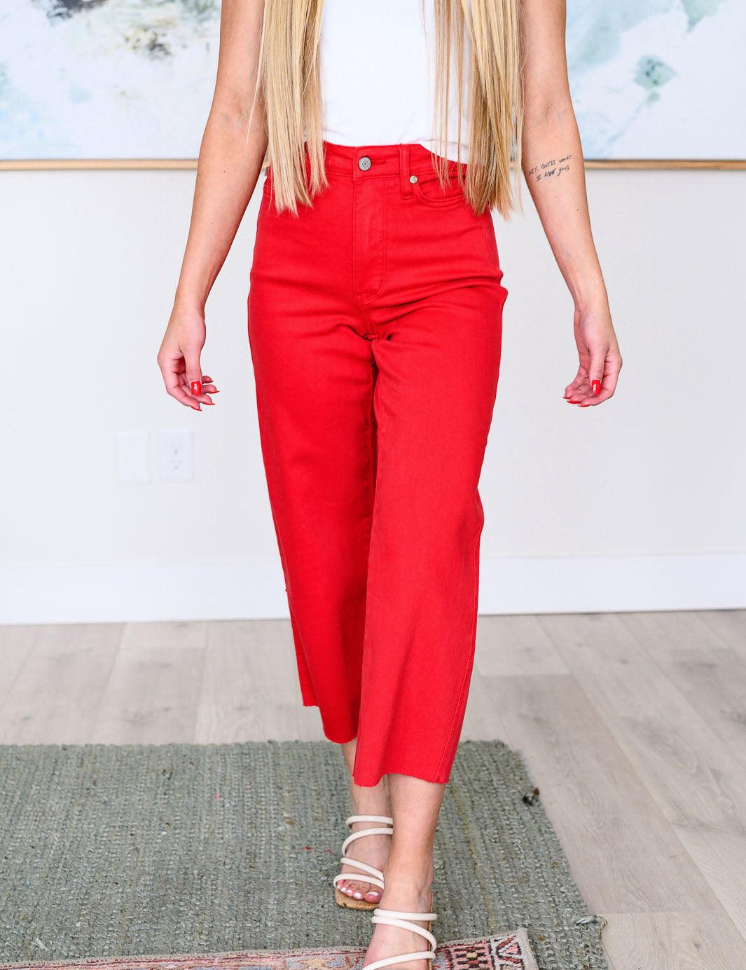 Red High Rise Control Top Wide Leg Crop Jeans Red Jeans