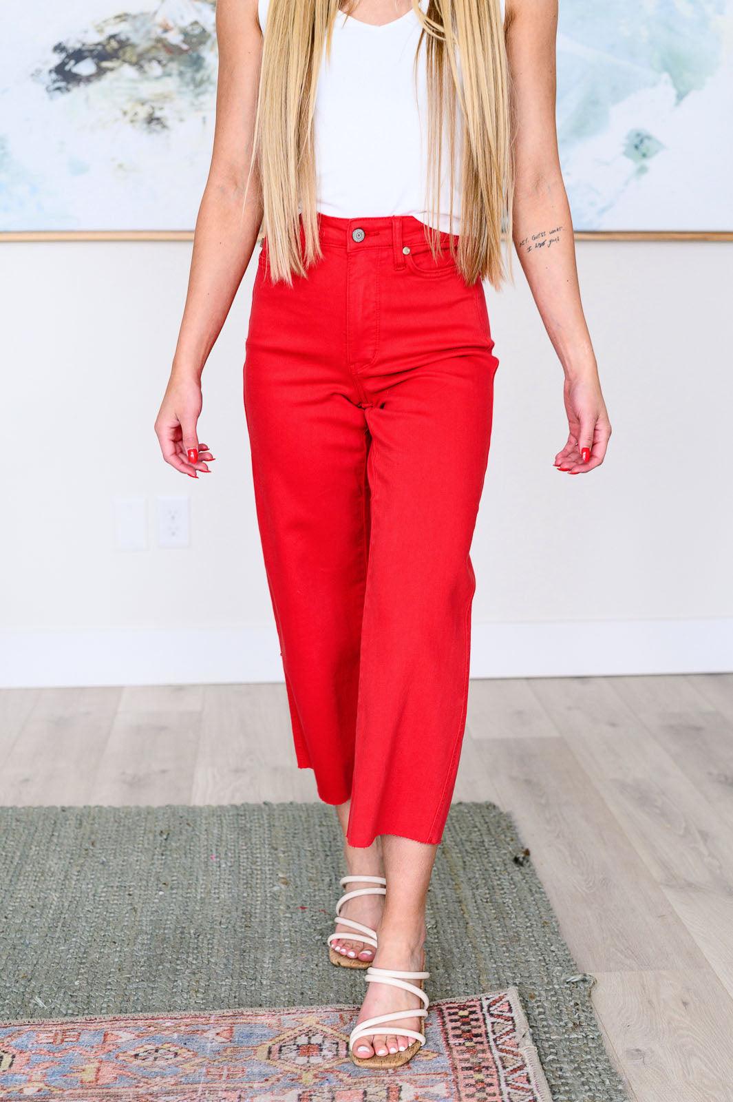 Red High Rise Control Top Wide Leg Crop Jeans Red Jeans