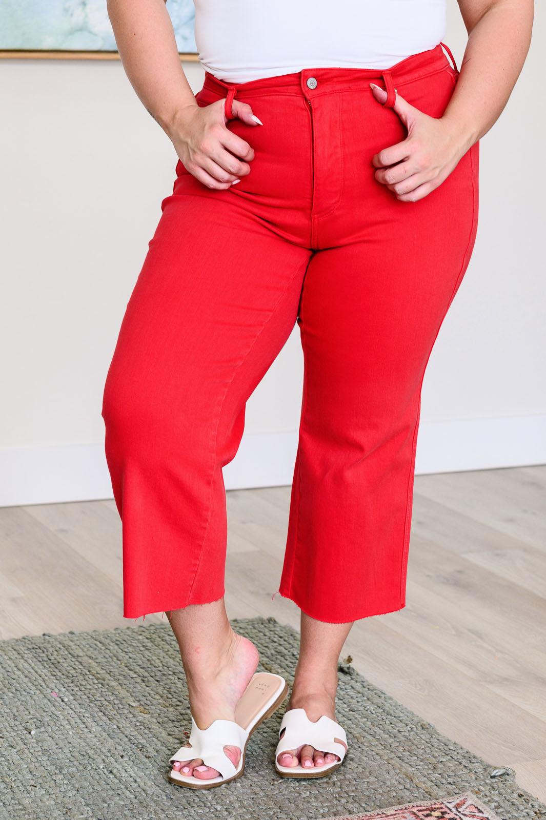 Red High Rise Control Top Wide Leg Crop Jeans Jeans