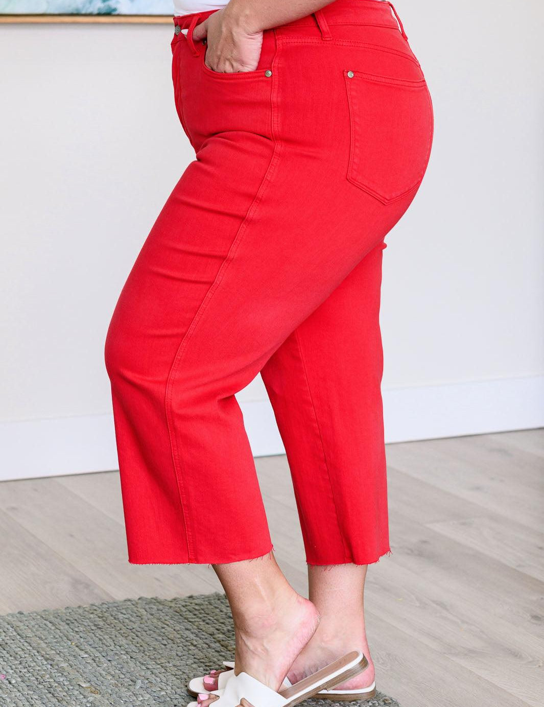 Red High Rise Control Top Wide Leg Crop Jeans Jeans