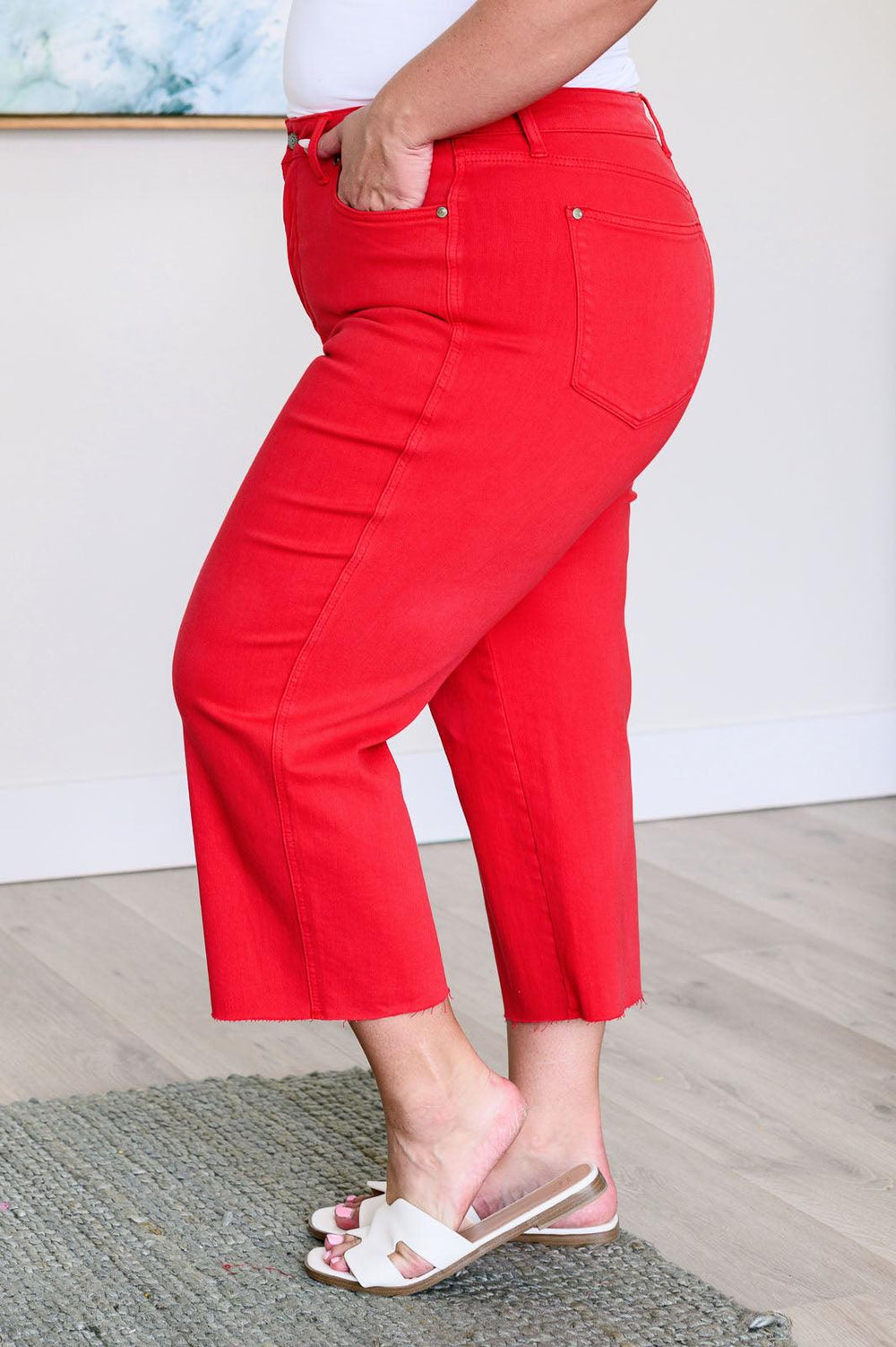 Red High Rise Control Top Wide Leg Crop Jeans Jeans