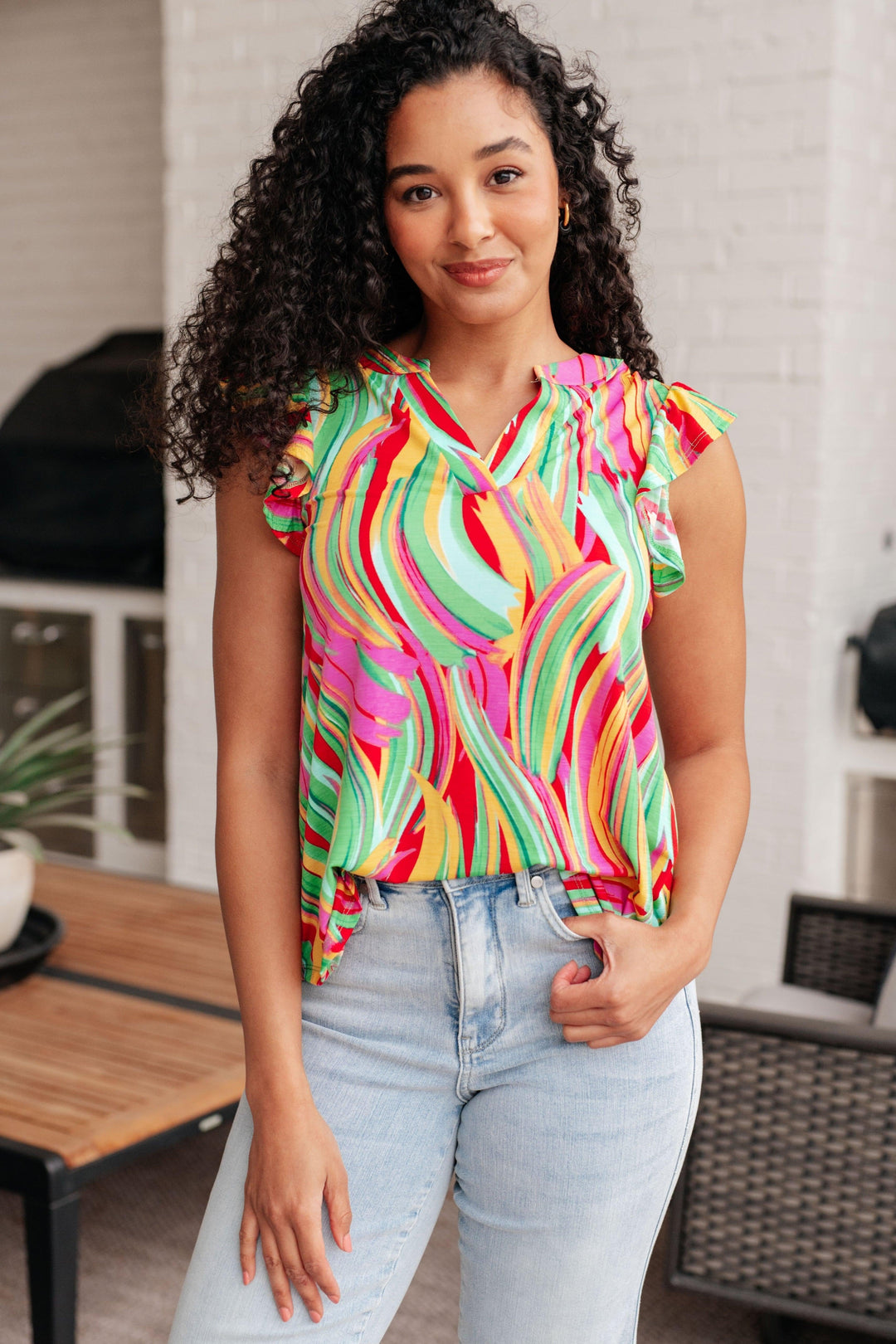 Lizzy Flutter Sleeve Top in Green Multi Abstract Stripe Shirts & Tops