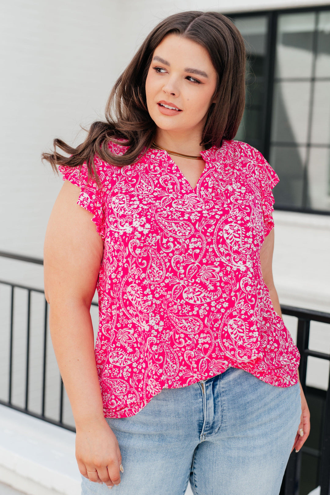 Lizzy Flutter Sleeve Top in Hot Pink and White Floral Shirts & Tops