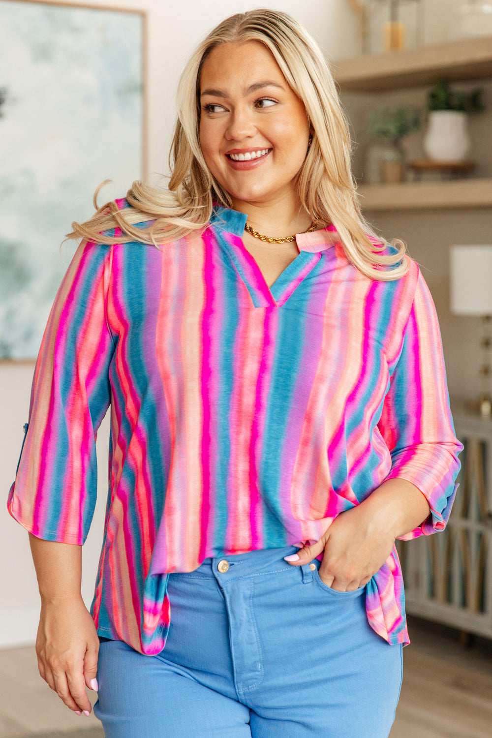 Lizzy Top in Blue and Pink Stripe 2XL Pink Blue Shirts & Tops
