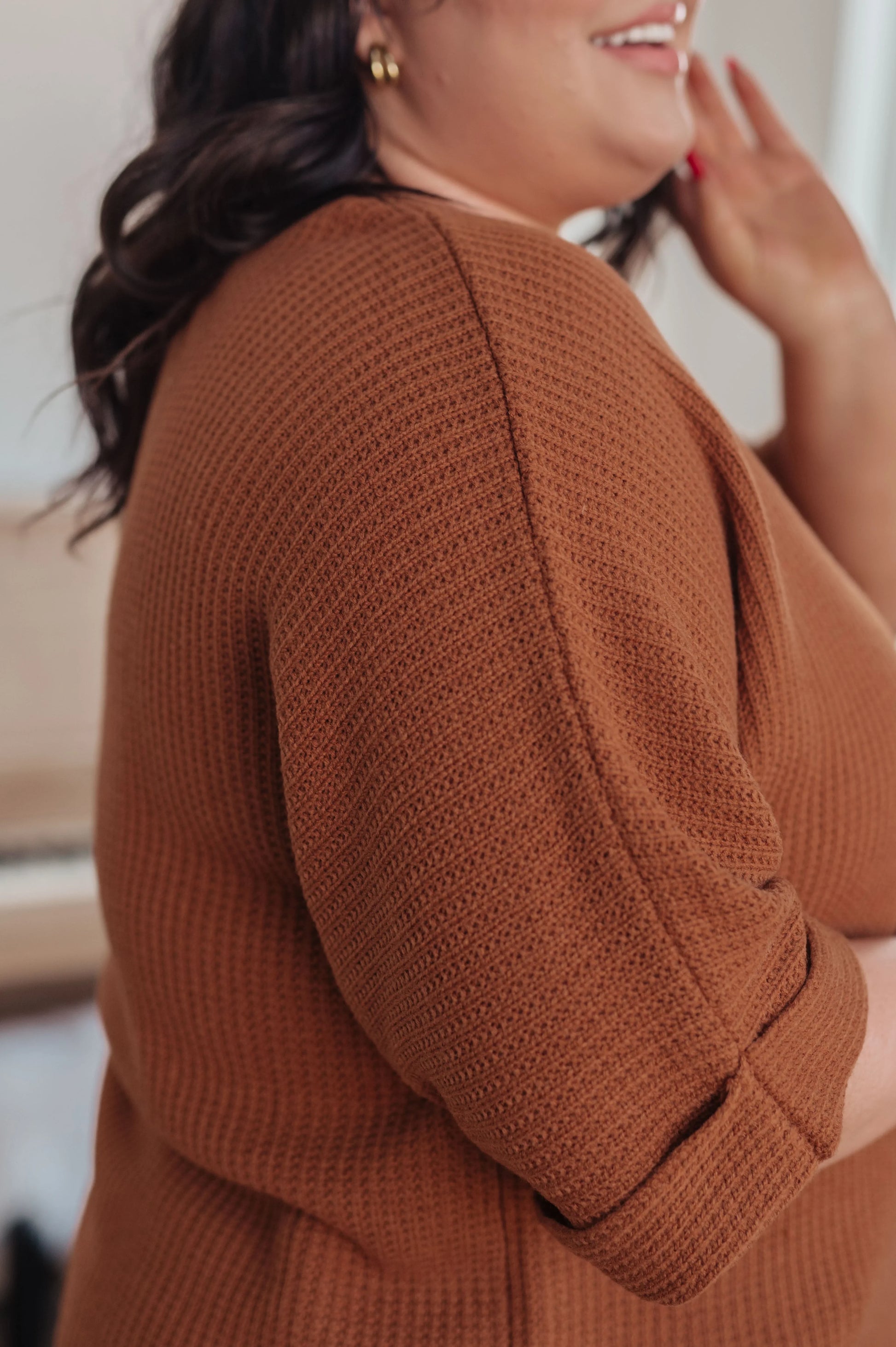 Rust brown textured plus size Lotta Love knitted cardigan with rolled sleeves