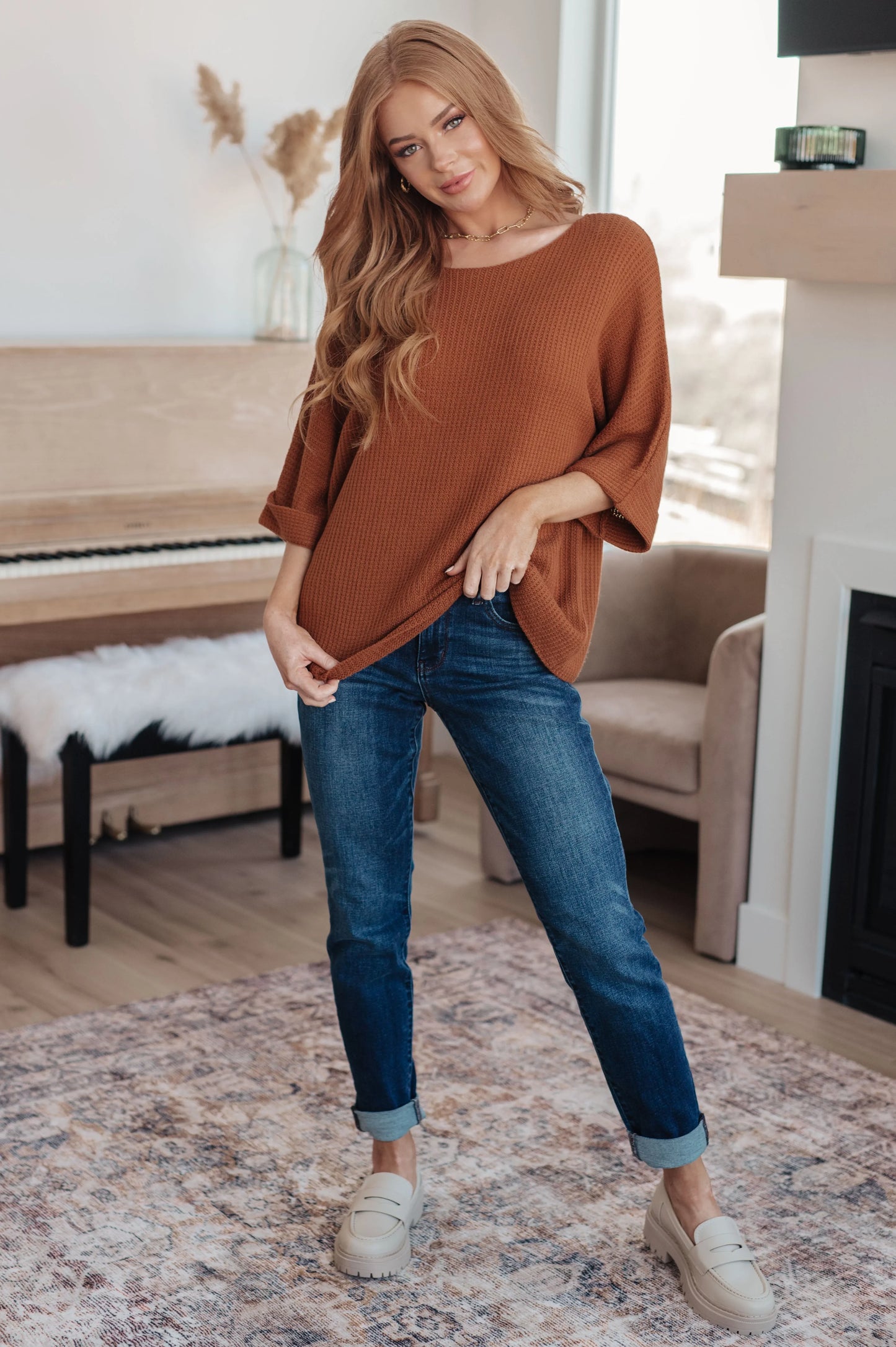 Lotta Love Rust Knit Sweater Top with 3/4 Sleeves
