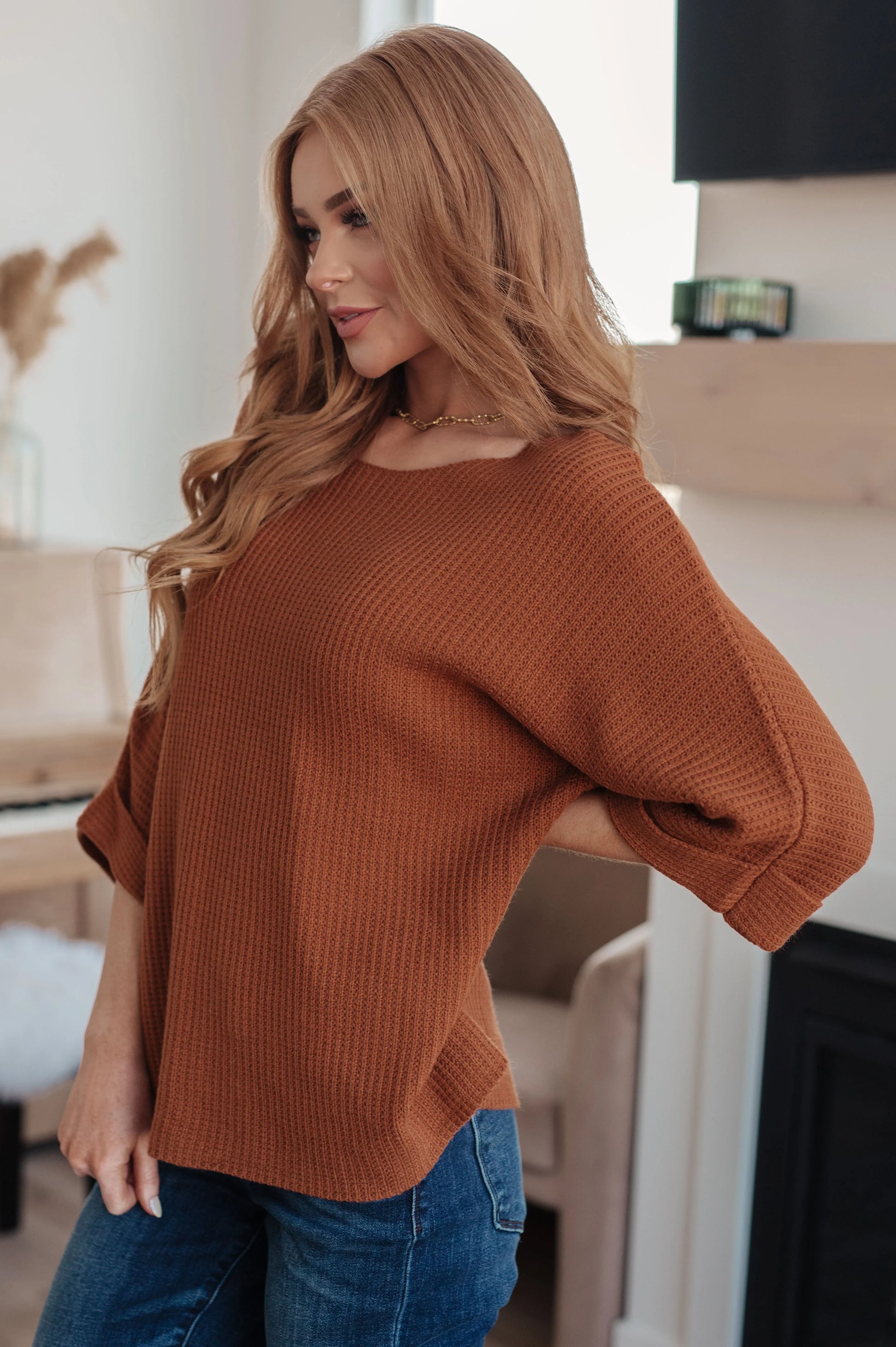 Rust Lotta Love knitted sweater top with ribbed dolman sleeves