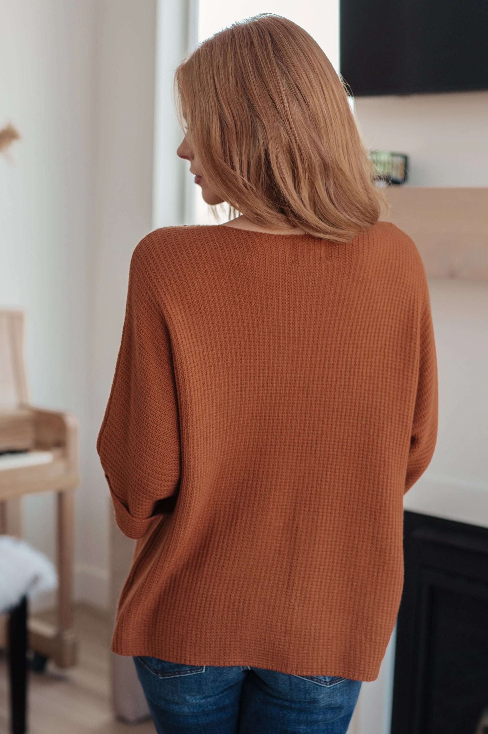 Rust-colored Lotta Love waffle-knit sweater top with dolman sleeves