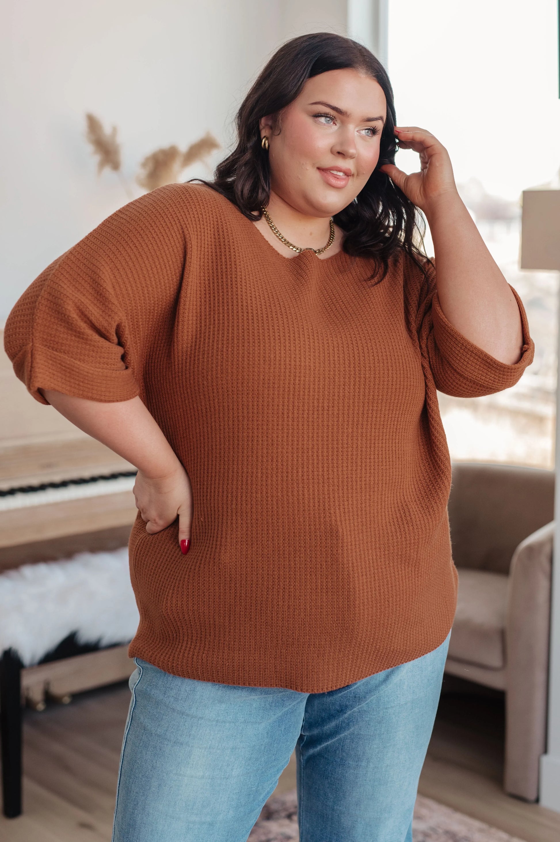 Plus size rust brown ribbed Lotta Love knitted sweater with rolled sleeves