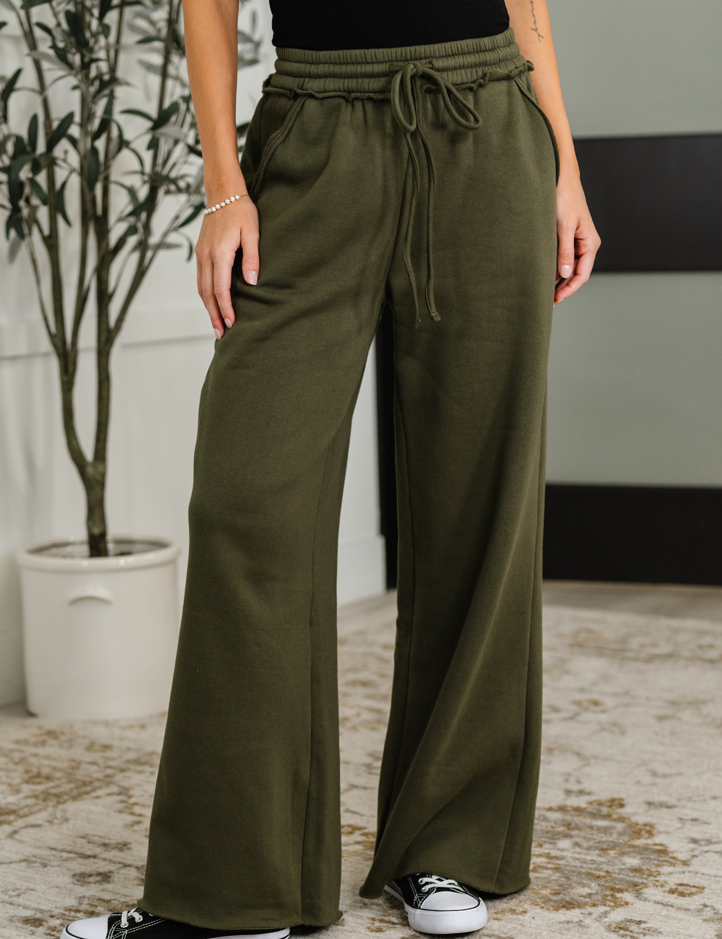 Lounge Line Wide Leg Sweats in Dark Olive | Womens Daverri Fashions