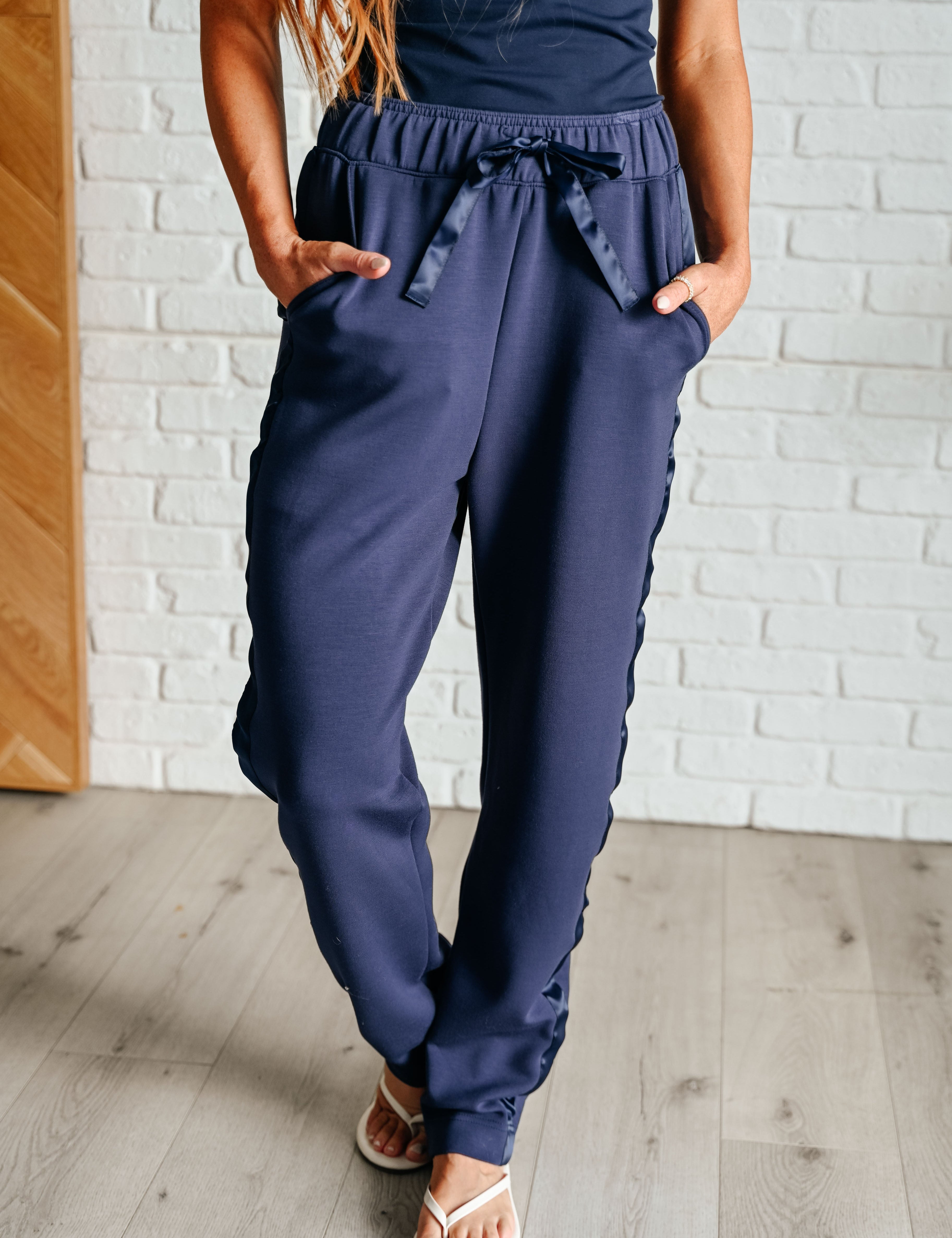 Lysa Satin Stripe Lounge Pants in Smoky Navy Athleisure