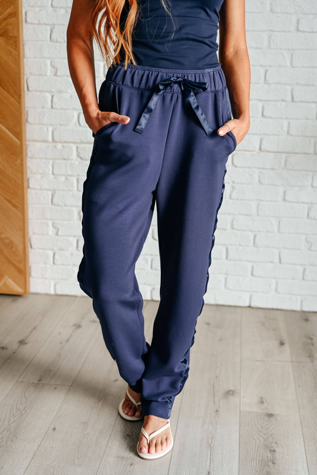 Lysa Satin Stripe Lounge Pants in Smoky Navy Athleisure