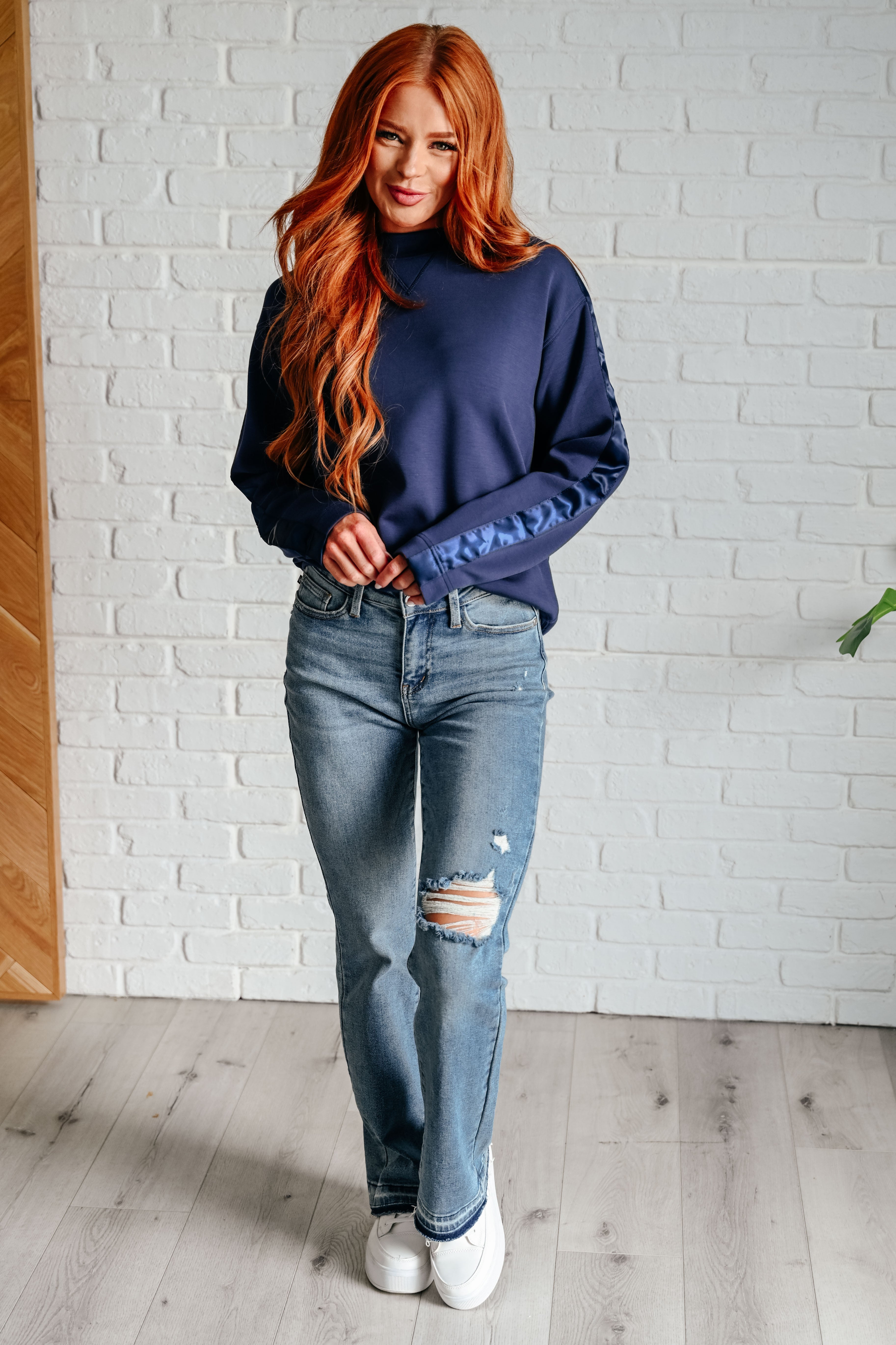 Lysa Satin Stripe Pullover in Smoky Navy Athleisure