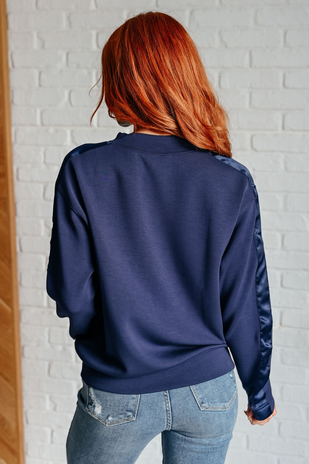 Lysa Satin Stripe Pullover in Smoky Navy Athleisure