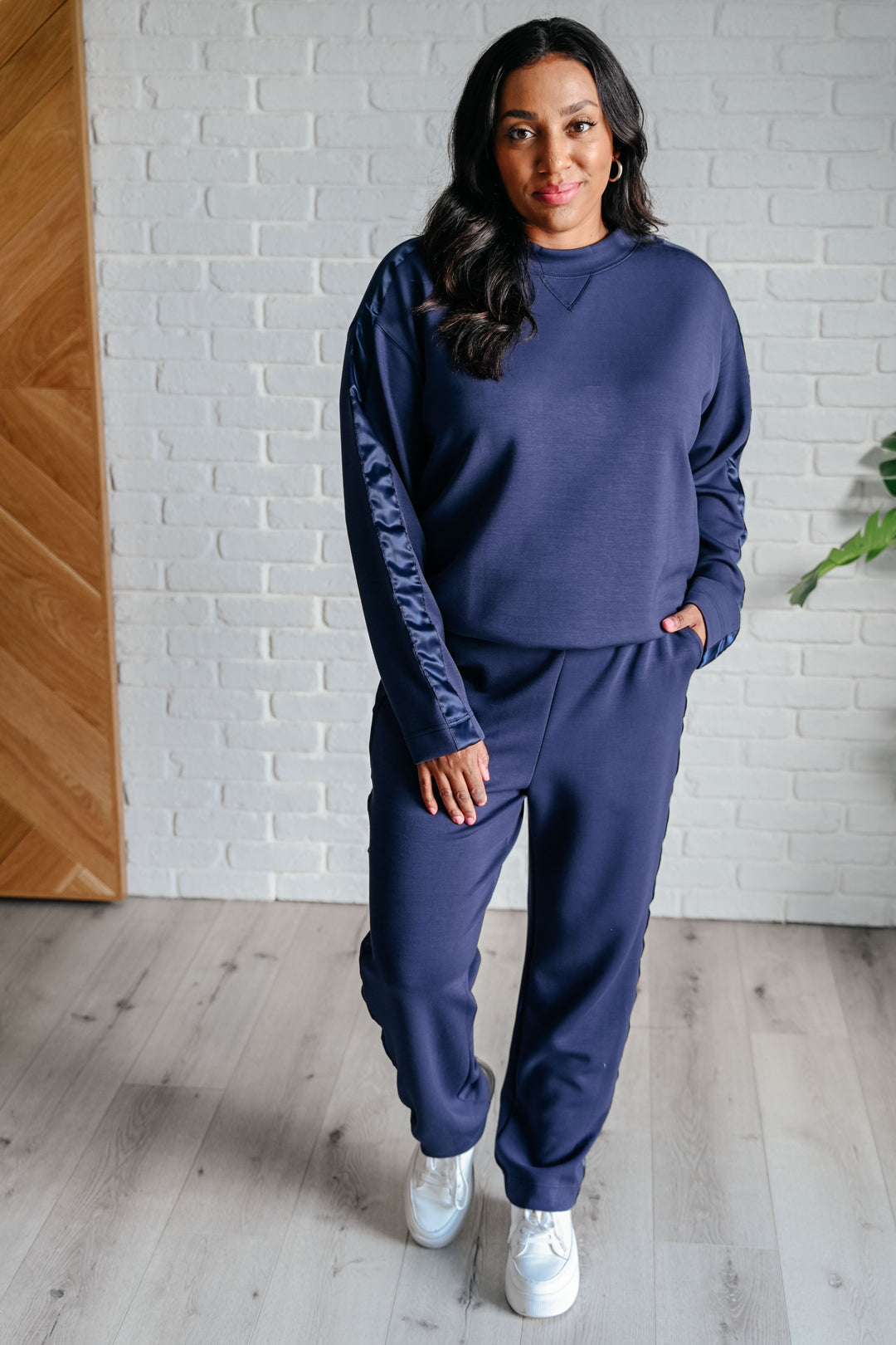 Lysa Satin Stripe Lounge Pants in Smoky Navy Athleisure