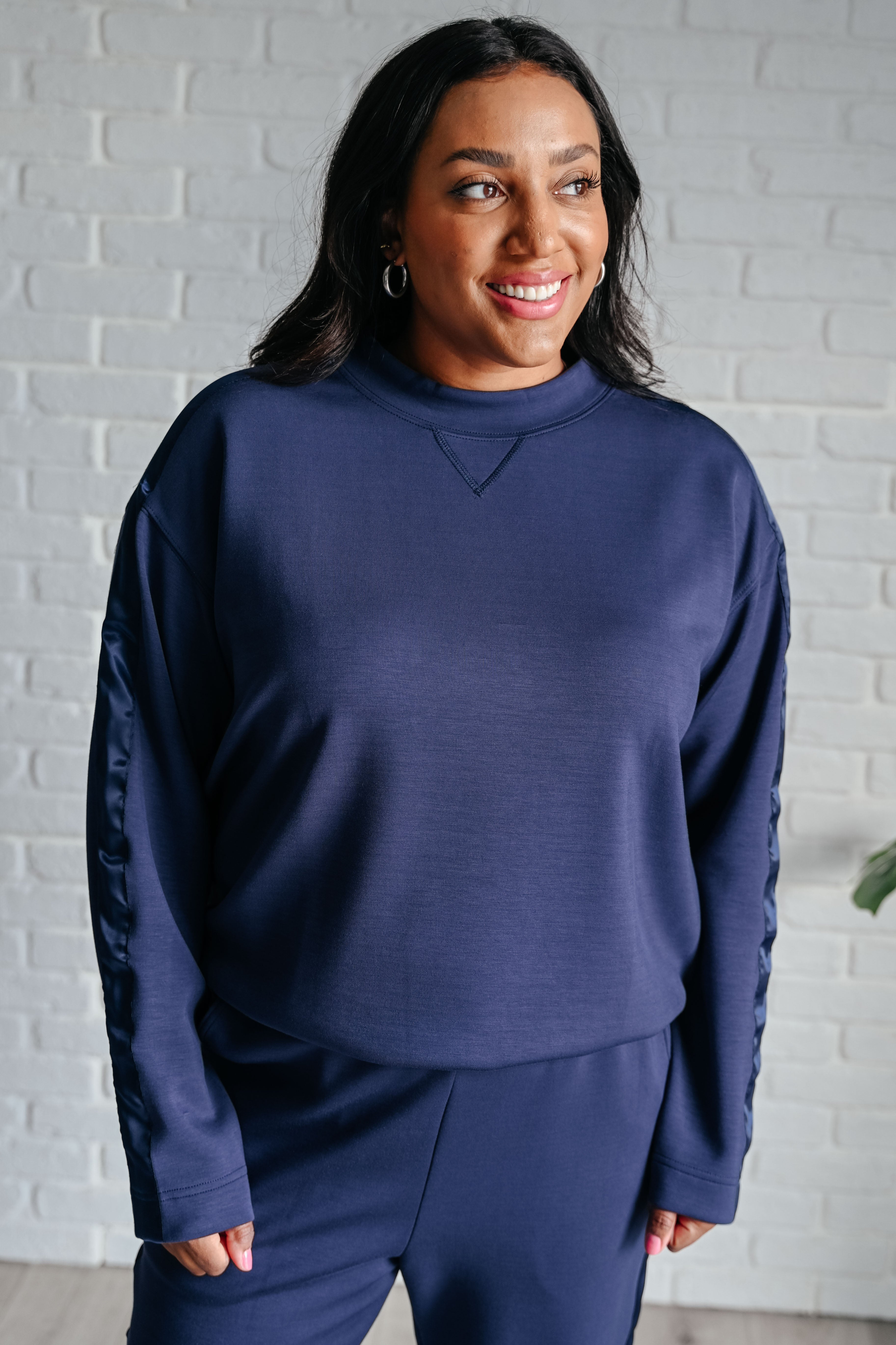 Lysa Satin Stripe Pullover in Smoky Navy Athleisure