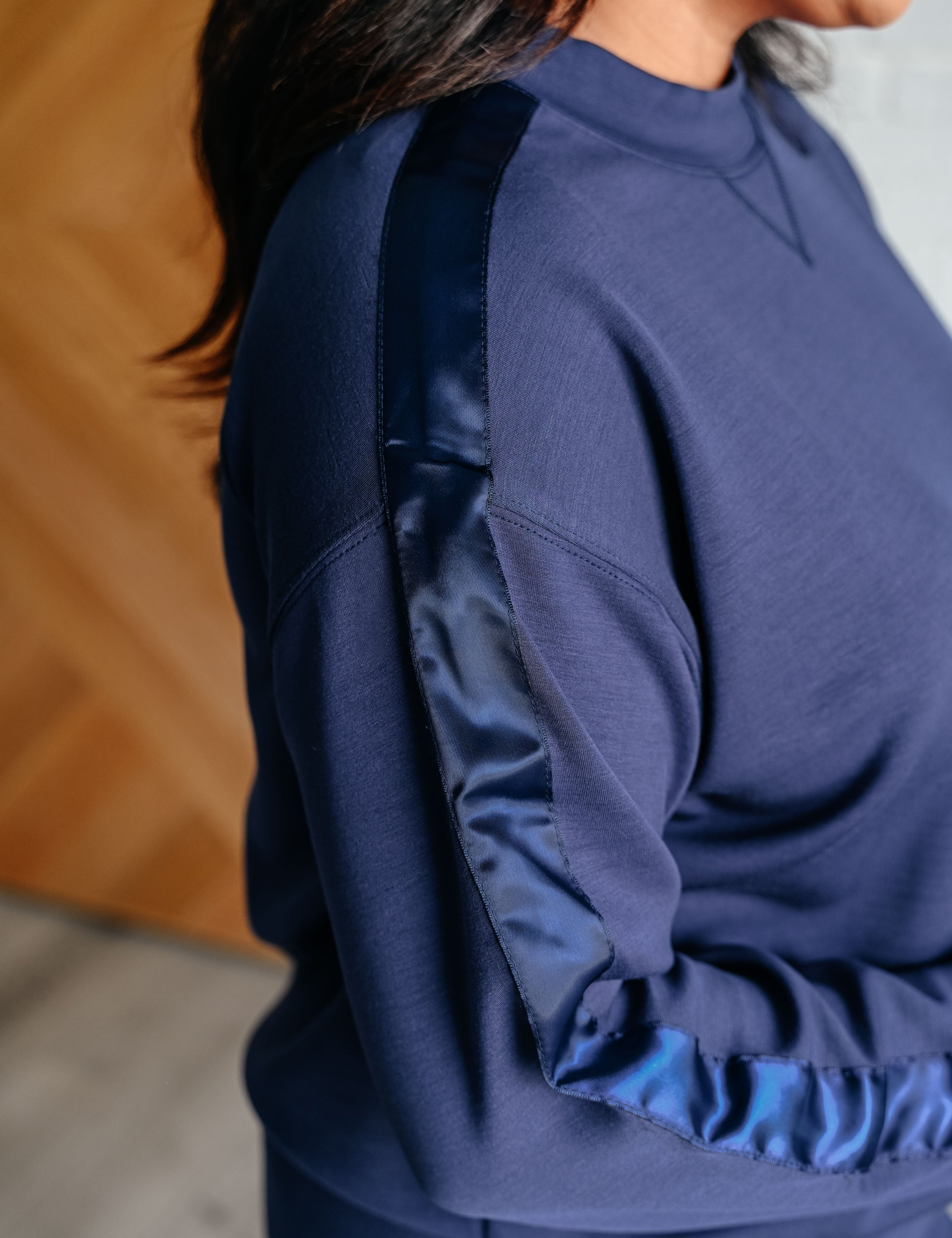 Lysa Satin Stripe Pullover in Smoky Navy Athleisure