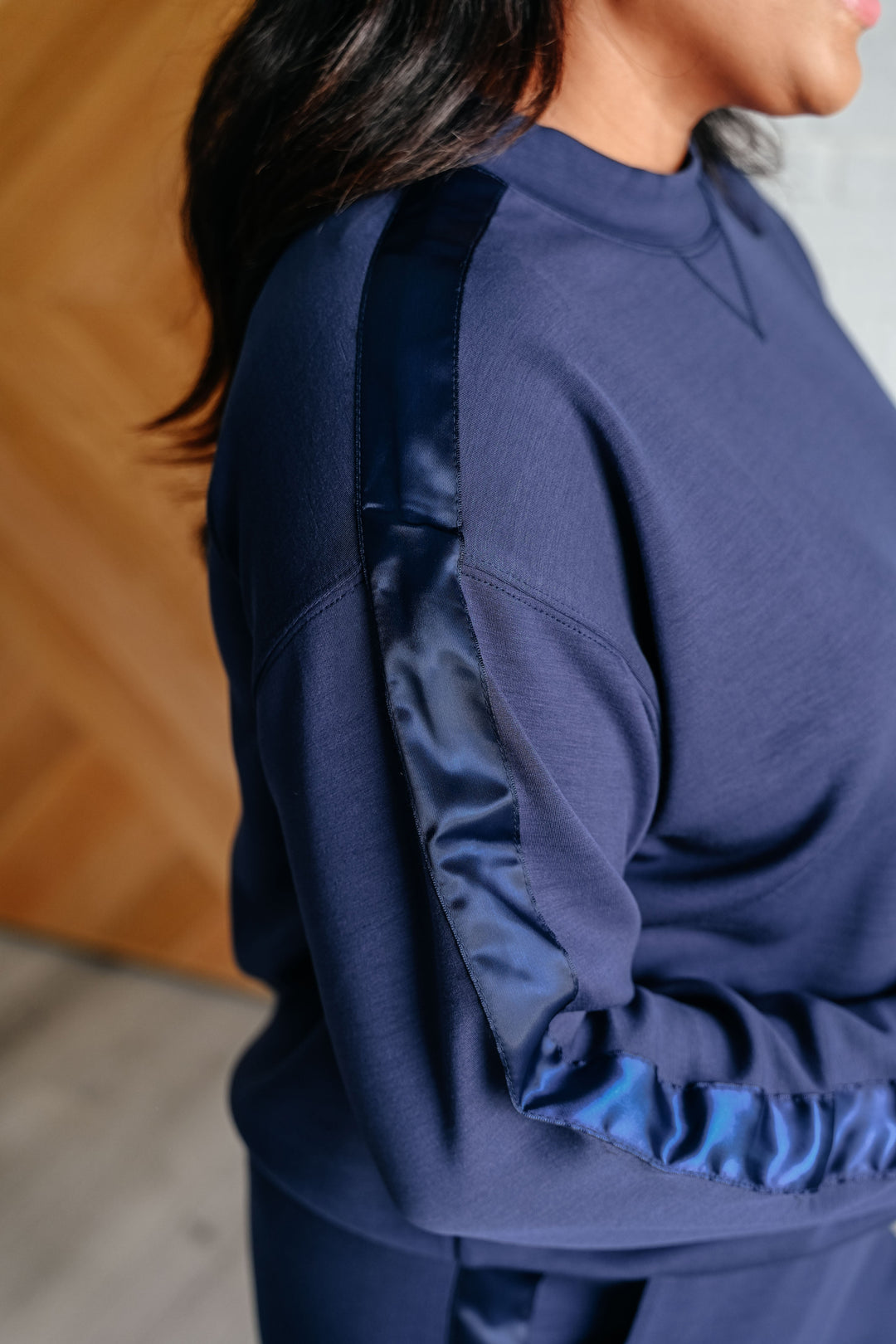 Lysa Satin Stripe Pullover in Smoky Navy Athleisure