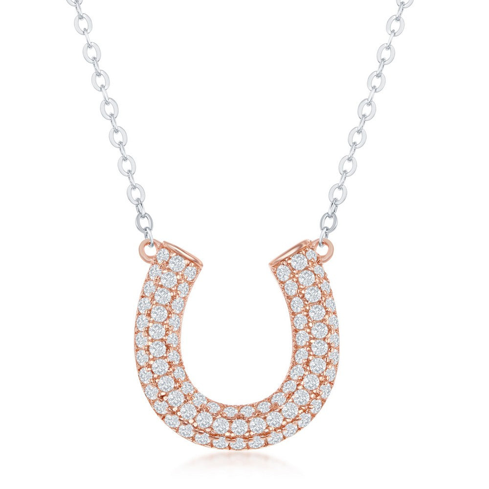 Sterling Silver Micro Pave Cubic Zirconia Horseshoe Necklace - Rose Gold Plared Necklaces