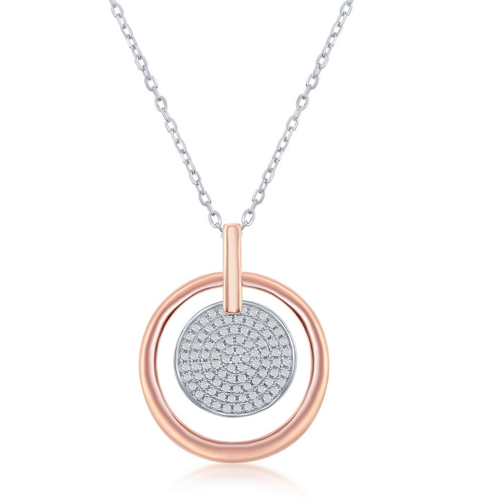 Sterling Silver Two-Tone Micro Pave Disc Rose Gold Plated Open Circle Necklace Necklaces