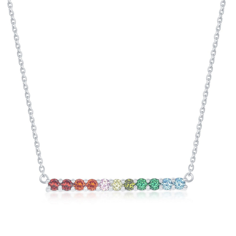 Sterling Silver Rainbow CZ Bar Necklace Necklaces