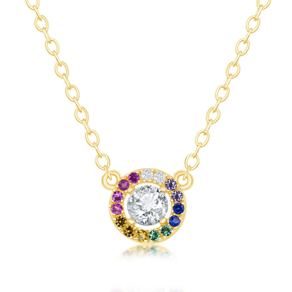 Sterling Silver Center White CZ with Rainbow CZ Border Circle Necklace - Gold Plated Necklaces