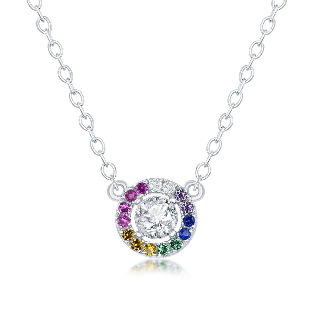 Sterling Silver Center White CZ with Rainbow CZ Border Circle Necklace Necklaces