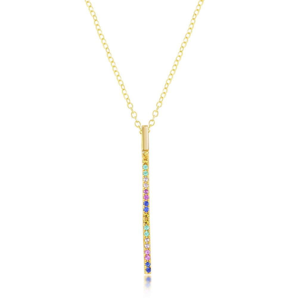 Sterling Silver Rainbow CZ Vertical Bar Necklace - Gold Plated Necklaces