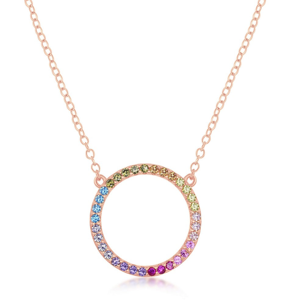 Sterling Silver Rainbow CZ Circle of Life Necklace - Rose Gold Plated Necklaces