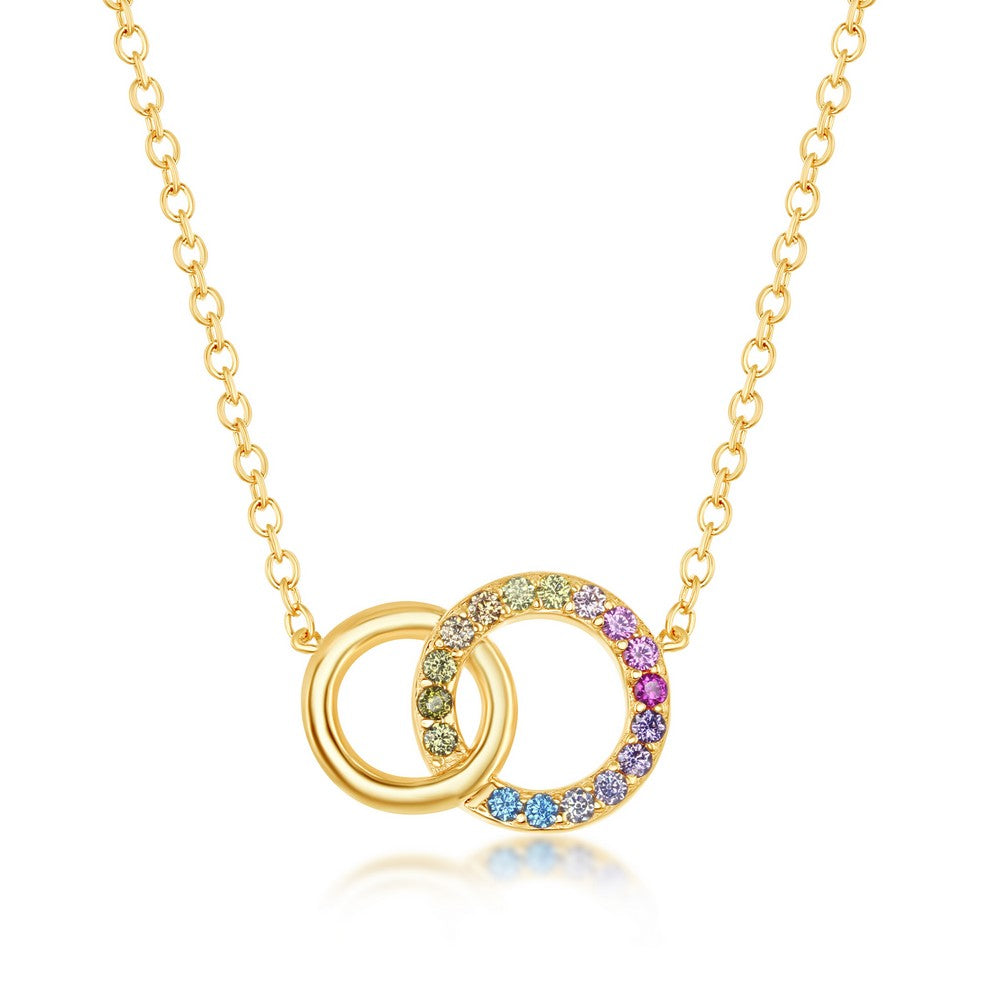 Sterling Silver Rainbow CZ Double Linked Circle Necklace - Gold Plated Necklaces