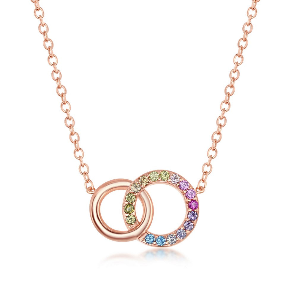 Sterling Silver Rainbow CZ Double Linked Circle Necklace - Rose Gold Plated Necklaces